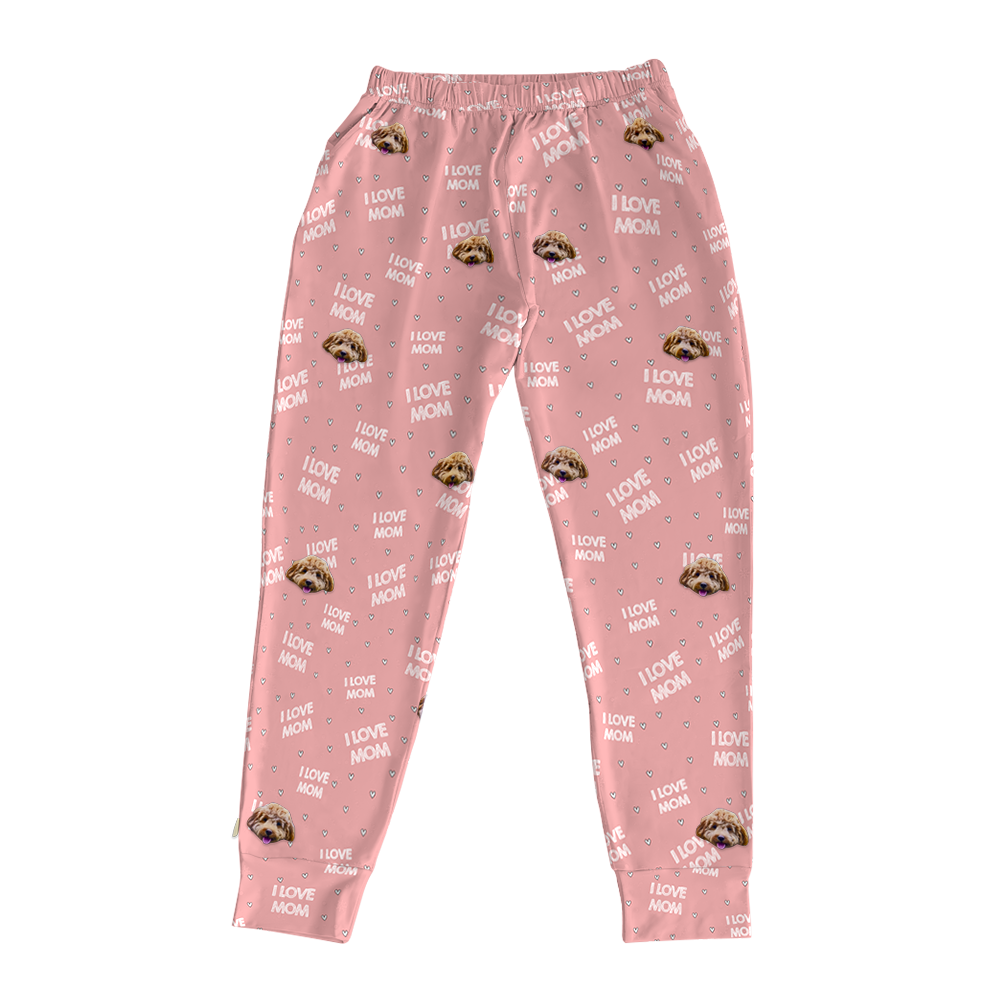 These are jogger pajama pants in a pink color with repeating pet faces on them[JoggerPajamaPants]