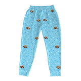 These are jogger pajama pants in a light blue color with repeating pet faces on them[JoggerPajamaPants]