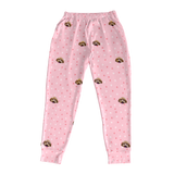 These are jogger pajama pants in a pink color with repeating pet faces on them[LightPinkPawsJoggerPajamaPants]