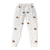 These are jogger pajama pants in a white color with repeating pet faces on them[PawsandBonesJoggerPajamaPants]