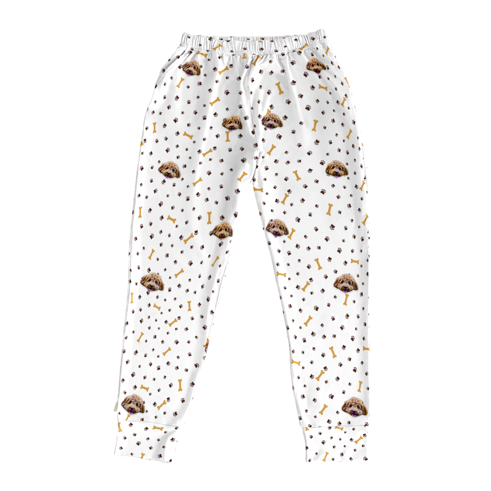 These are jogger pajama pants in a white color with repeating pet faces on them[JoggerPajamaPants]