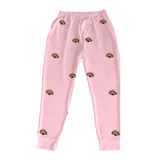 These are jogger pajama pants in a pink color with repeating pet faces on them[JoggerPajamaPants]