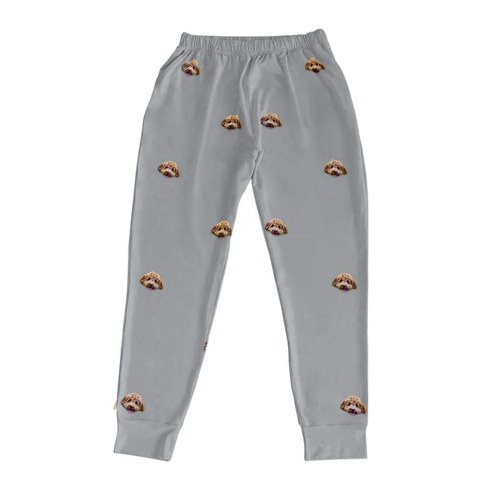 These are jogger pajama pants in a gray color with repeating pet faces on them[SlateGrayJoggerPajamaPants]