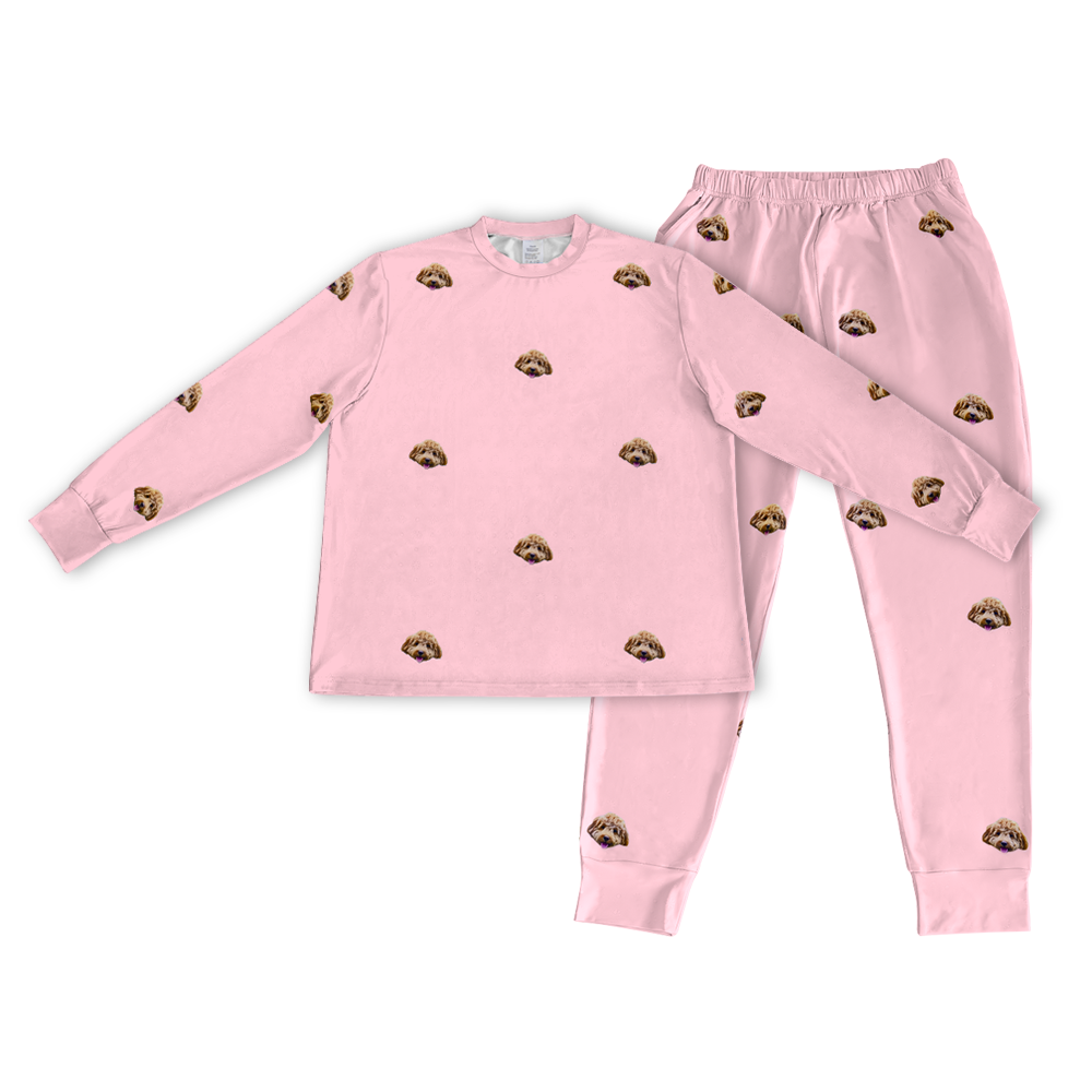 This is a jogger pajama set contains a long sleeve shirt with buttons and a long pajama[PinkDreamPajamaSet(Shirt&Joggers)]