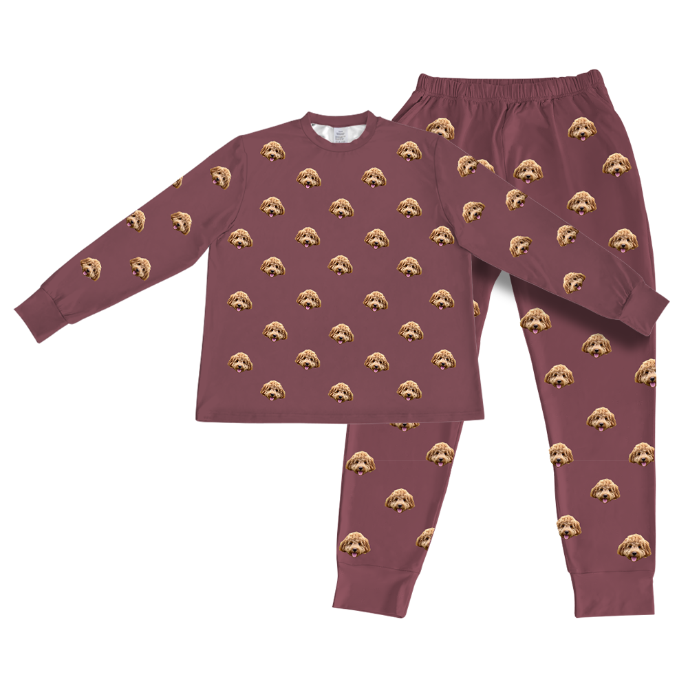 This is a jogger pajama set contains a long sleeve shirt with buttons and a long pajama[MaroonPajamaSet(Shirt&Joggers)]