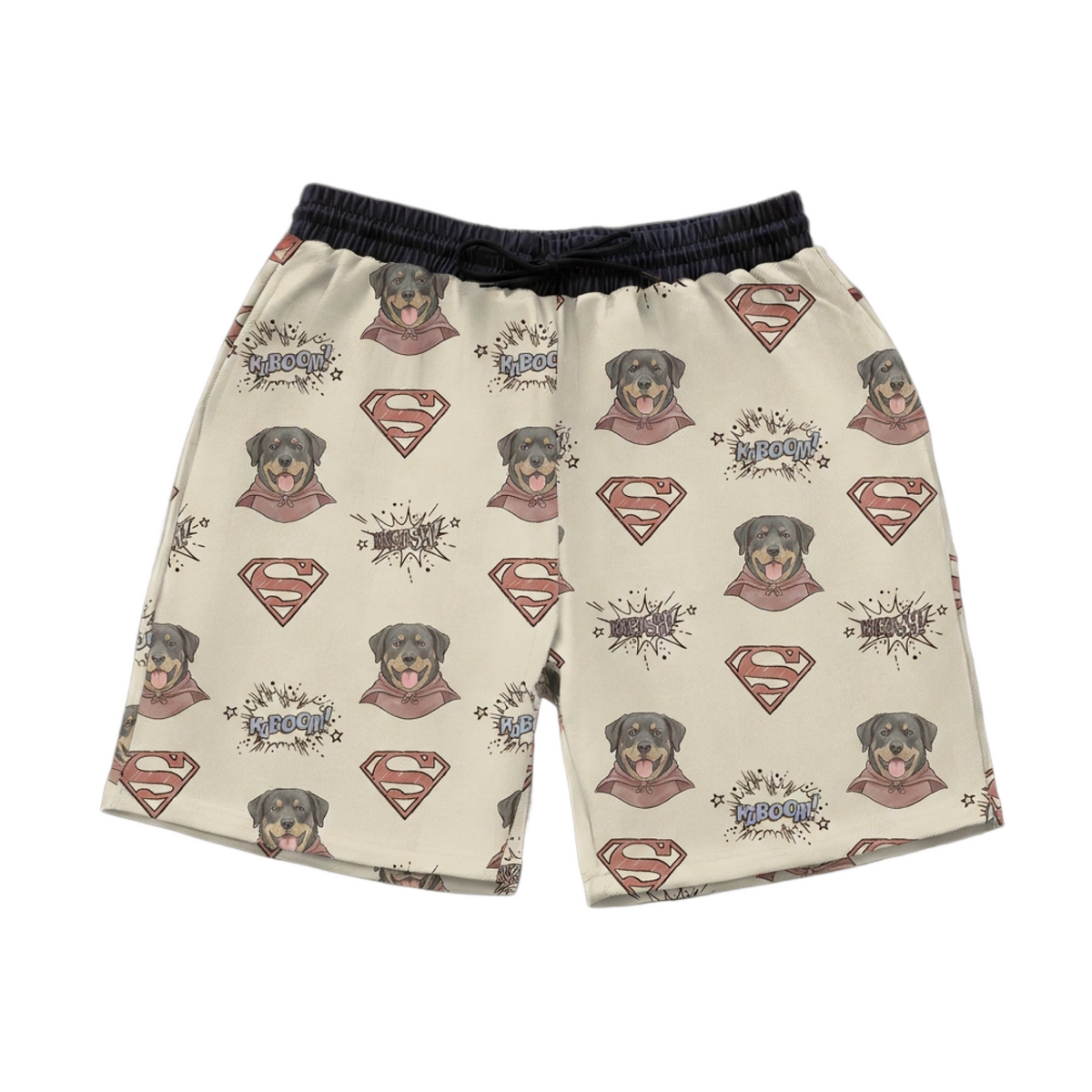 Superman-themed shorts with character and logo patterns on a blue background[OriginalSupermanSketchSweatshorts]
