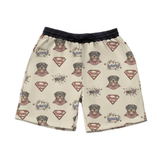 Superman-themed sweatshorts with character and logo patterns on a blue background.