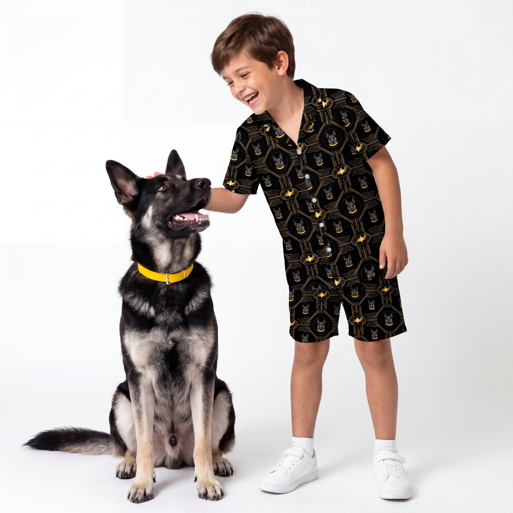 Child wearing a batman pajama set standing next to a dog on a white background