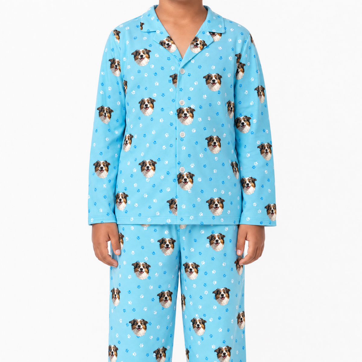 Light blue pajama set with dog pattern on a white background
