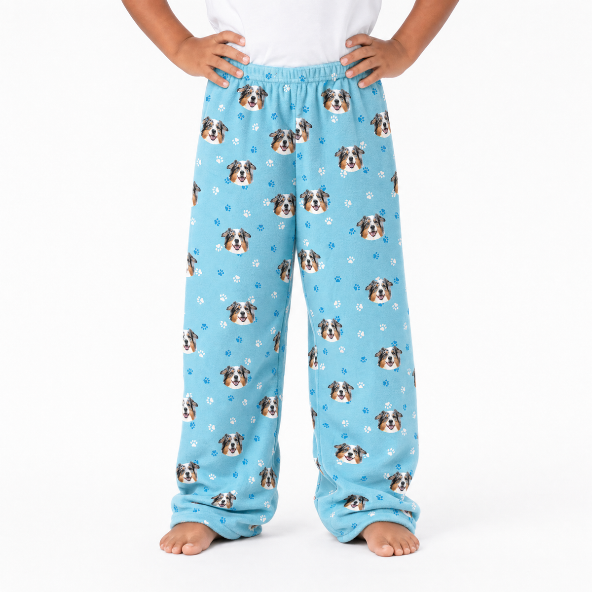 Kids Custom Pet Face Fleece Pajama Pants - Light Blue Paws
