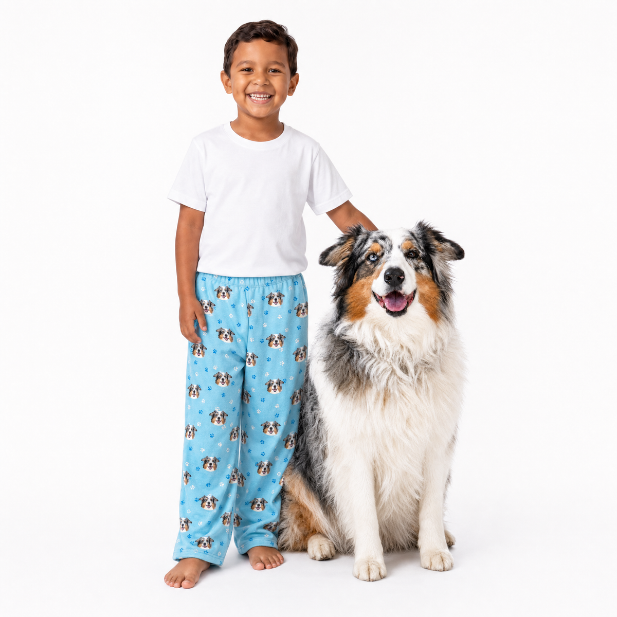 Kids Custom Pet Face Fleece Pajama Pants - Light Blue Paws