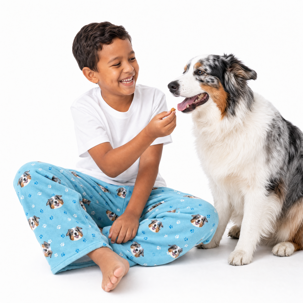 Kids Custom Pet Face Fleece Pajama Pants - Light Blue Paws