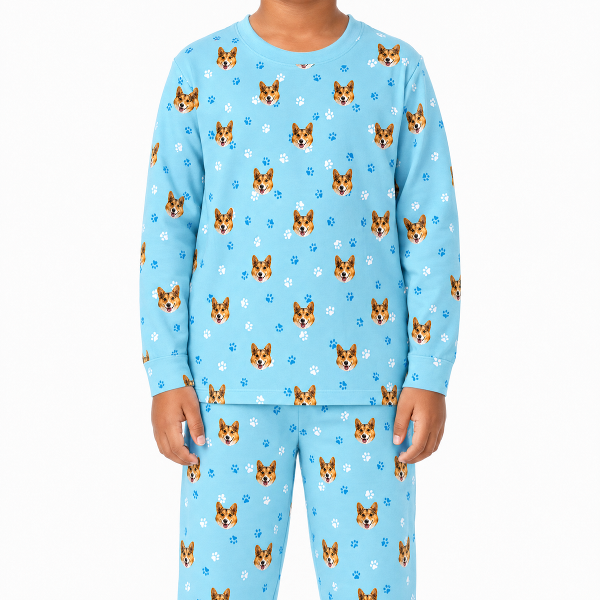 Light blue jogger pajama set with dog pattern on a white background