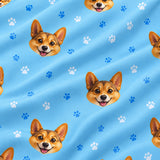 Close-up of the Light Blue Paws print showing custom pet faces and blue paw prints on a light blue fabric