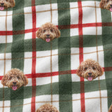 Close-up of the Light Christmas Flannel print showing custom pet faces on a white, red and green flannel plaid fabric