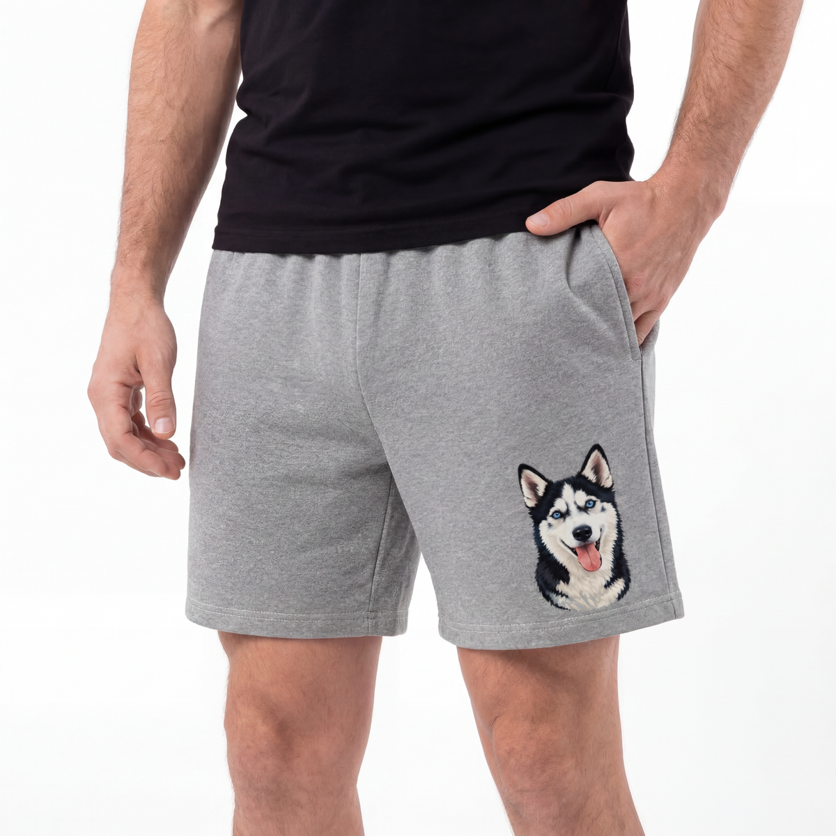 Person wearing gray shorts with a dog illustration on a white background[HeatherGray]