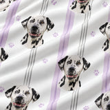 Close-up of the Lilac Stripes print showing custom pet faces on a white fabric with lilac and gray stripes