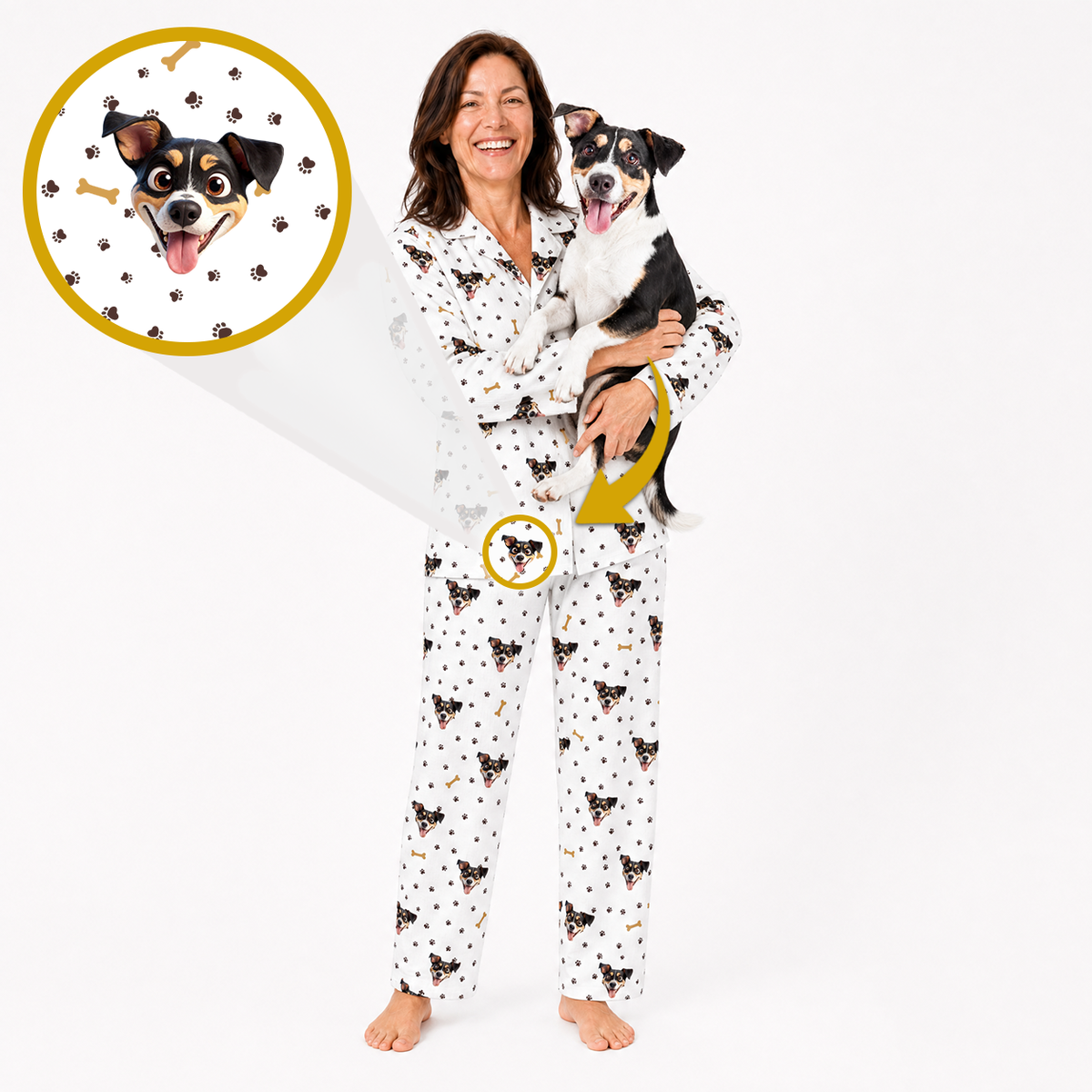 A woman wearing white pajamas with a black and tan dog print stands barefoot against a white background, holding a black-and-white dog. Two circular inset callouts highlight the dog print detail on the pajama fabric.