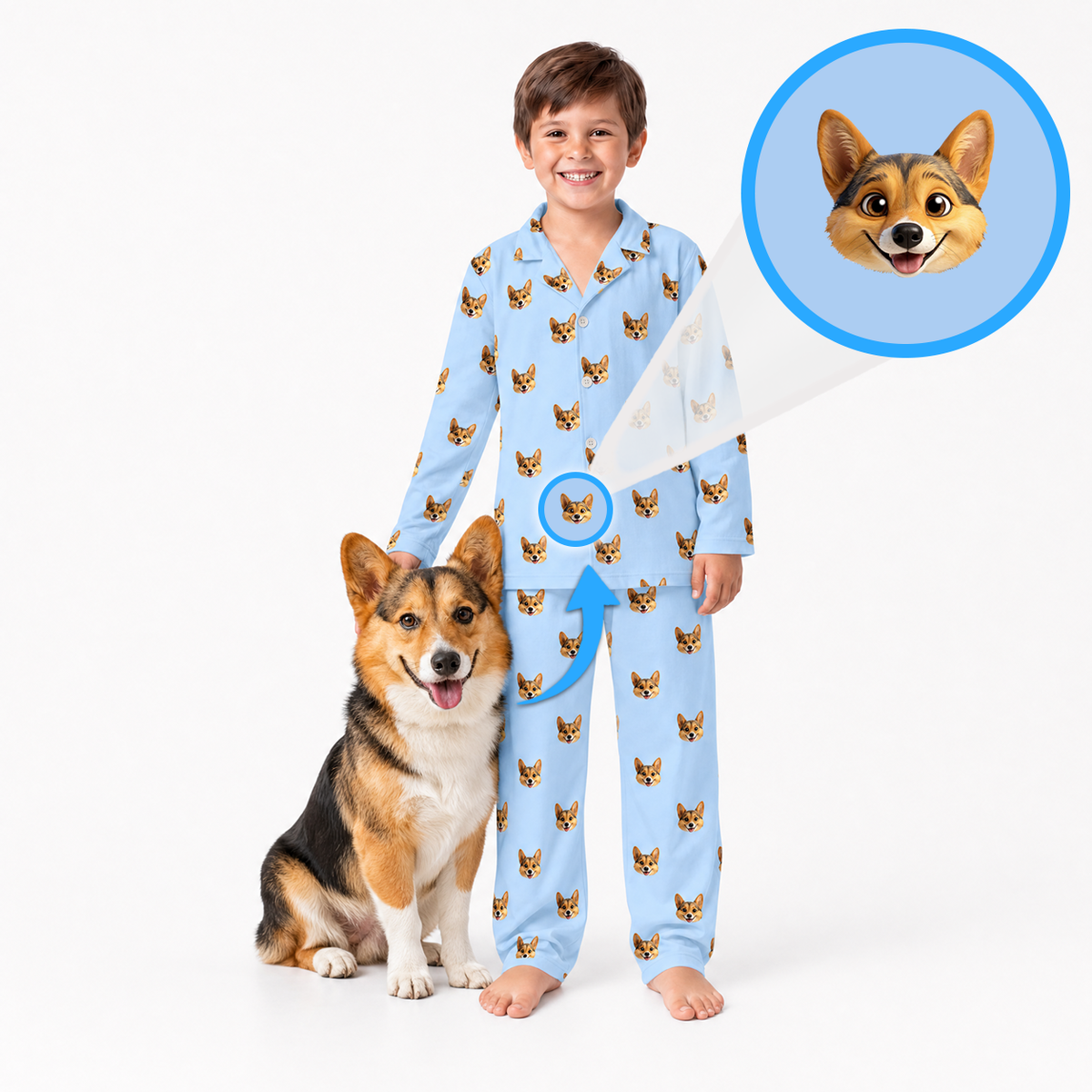 A child wearing light blue pajamas with a repeating corgi print stands barefoot on a white studio background next to a corgi dog. A circular inset at the top shows a corgi face with a blue arrow pointing to the pajama area, illustrating a pet-print or custom pet design feature.