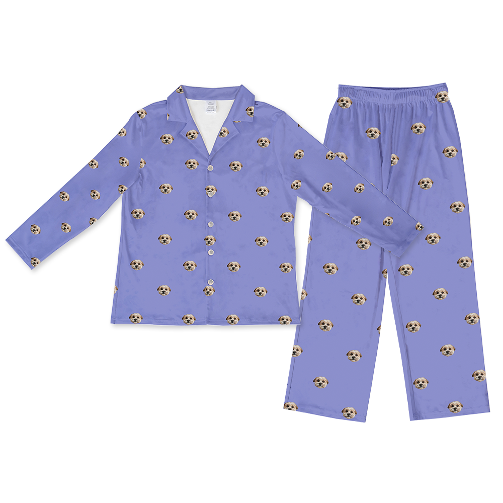 Two-piece personalized long pajama set in periwinkle, featuring a button-down top and pants both covered in a repeating print of a single light-colored dog's face.