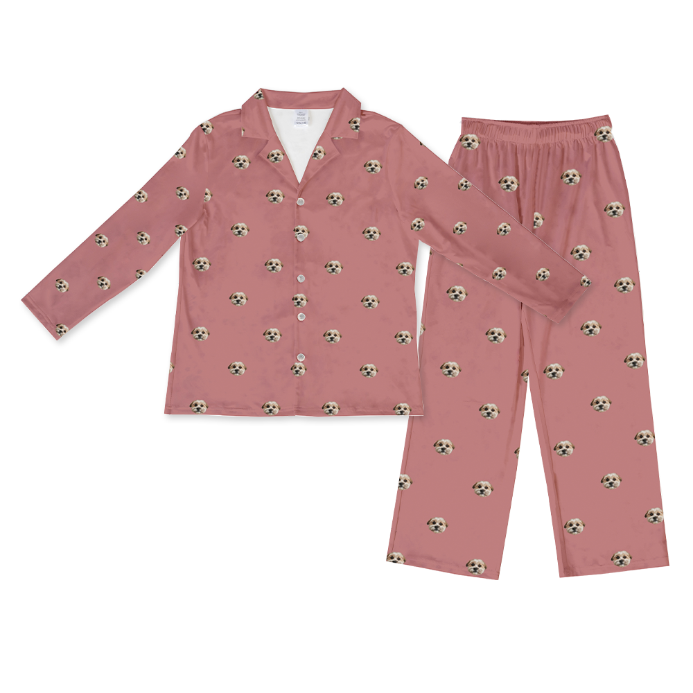This is a pajama set contains a long sleeve shirt with buttons and a long pajama[DustyRoseLongSleevePajamaShirt&PantsSet($93.00)]