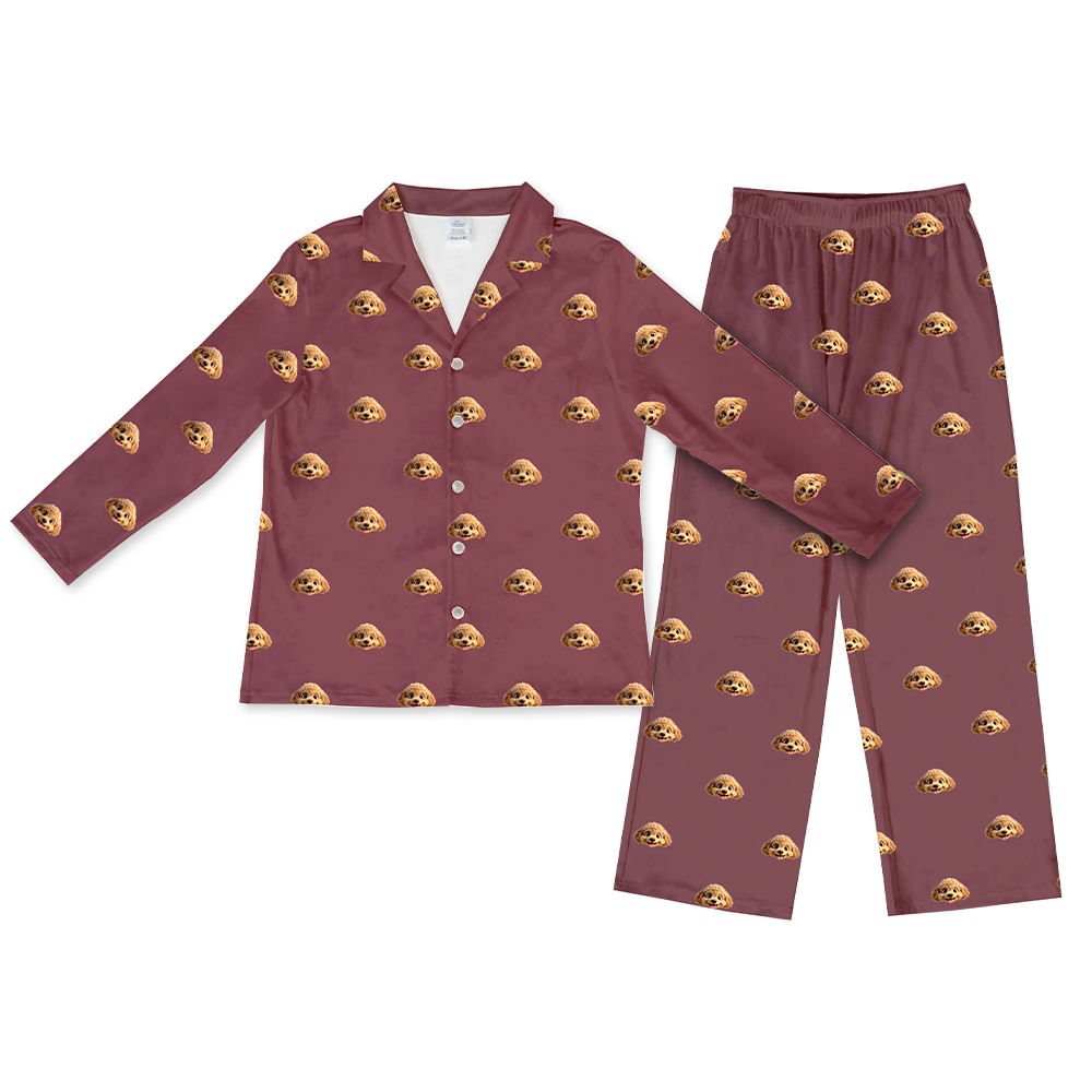 Children's pajama set with cartoon dog pattern on a maroon background[MaroonLongSleevePajamaShirt&PantsSet]