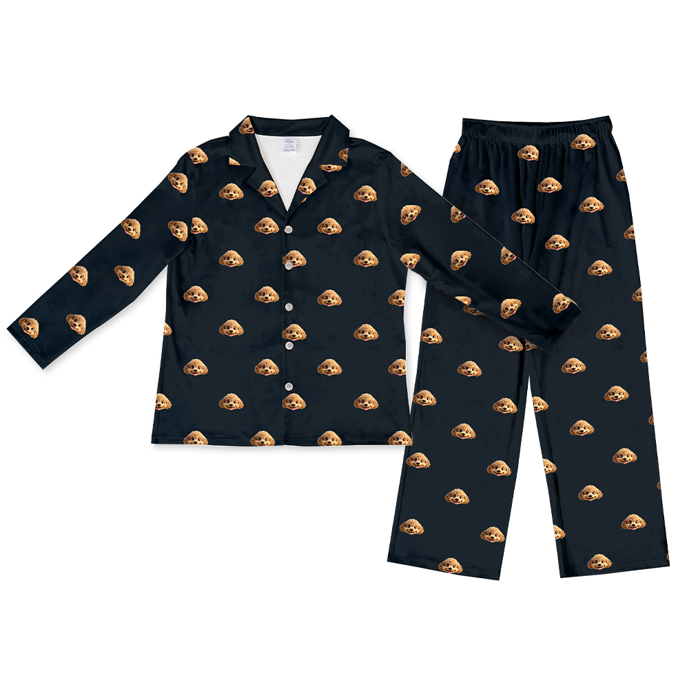 Children's pajama set with cartoon dog pattern on a black background[BlackLongSleevePajamaShirt&PantsSet]