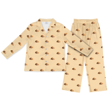 Children's pajama set with cartoon dog pattern on a butter yellow background[ButterYellowLongSleevePajamaShirt&PantsSet]