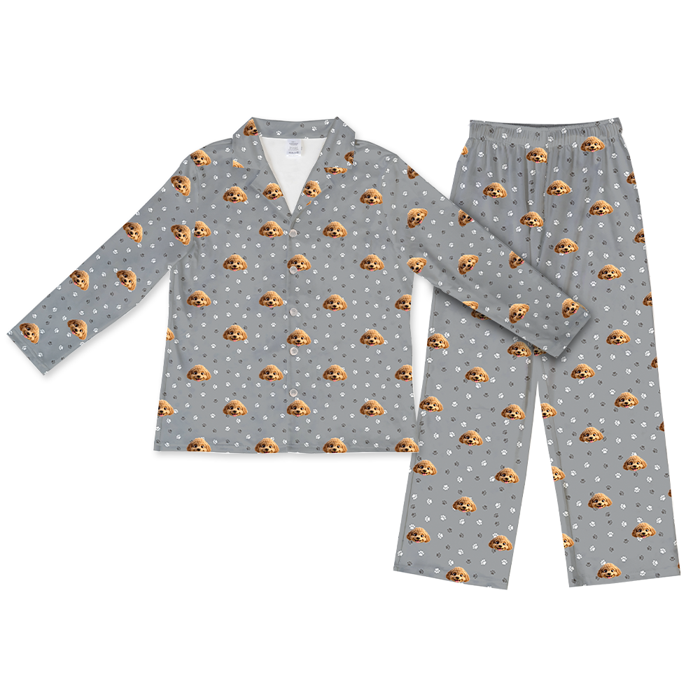 Children's pajama set with cartoon dog pattern on a gray background[SlateGrayPawsLongSleevePajamaShirt&PantsSet]