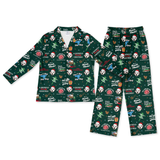 A two-piece pajama set featuring a long-sleeve button-up top and matching pants, both printed with a festive Christmas dog pattern on a dark green background.