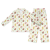 A two-piece long-sleeve pajama set with a festive holiday print, featuring a button-up top and matching pants on a solid white background.