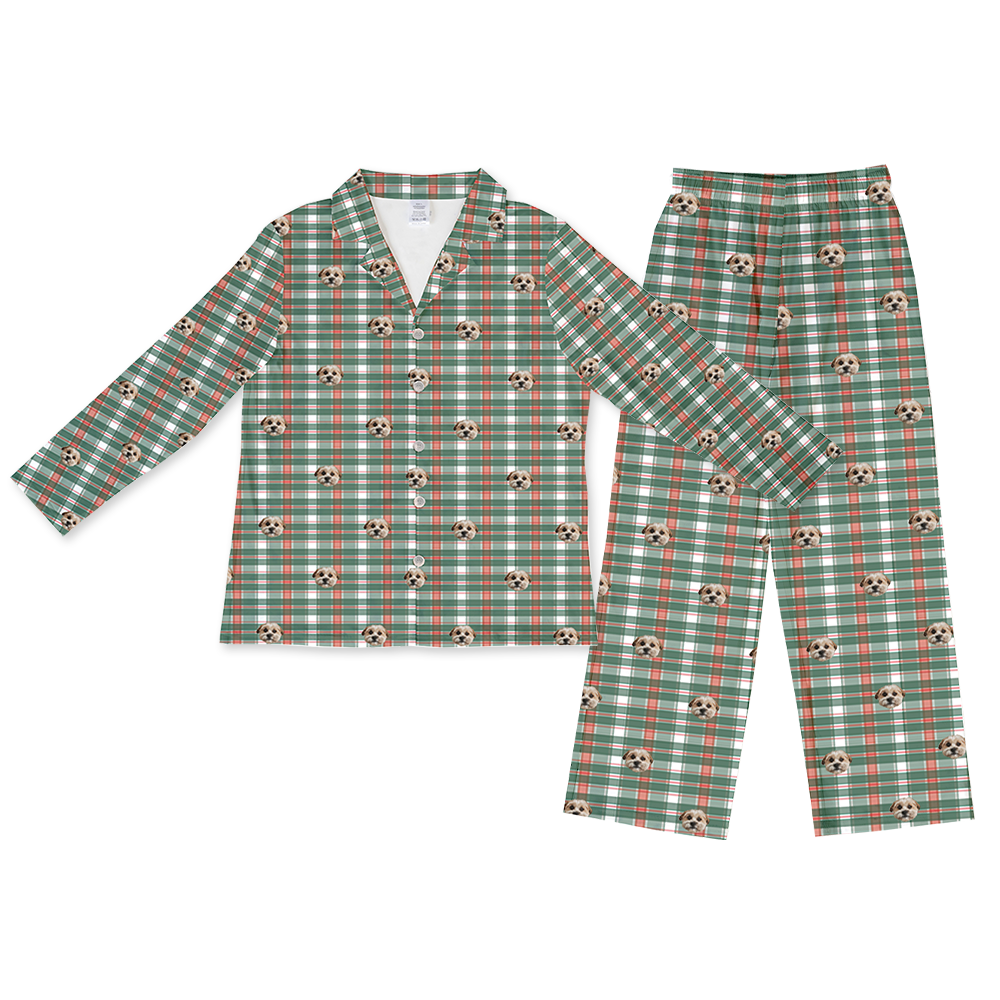 Green plaid pajama set with dog pattern on a white background