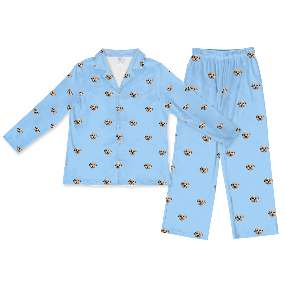 This is a pajama set contains a long sleeve shirt with buttons and a long pajama[SkyBlueLongSleevePajamaShirt&PantsSet]
