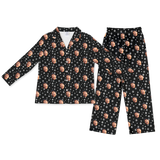 Two-piece long-sleeve pajamas with smiling face print on black fabric accented with white snowflakes[BlackandWhiteSnowflakesLongSleevePajamaShirt&PantsSet]