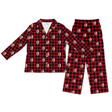 Red and black plaid button-up pajamas with matching pants, featuring a repeating smiling man face print[BuffaloPlaidLongSleevePajamaShirt&PantsSet]