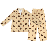 Butter-yellow button-up pajamas with matching pants, featuring a repeating smiling woman face print[ButterYellowLongSleevePajamaShirt&PantsSet]
