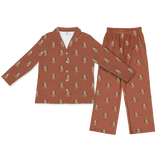Cocoa-brown button-up pajamas with matching pants, featuring a repeating smiling woman face print[CocoaLongSleevePajamaShirt&PantsSet]