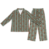 Green, red, and white plaid button-up pajamas with matching pants and repeating smiling man face print[FlannelLongSleevePajamaShirt&PantsSet]
