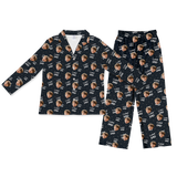 Black button-up pajamas with matching pants, featuring repeating funny wide-mouth man face print art[ILoveDadLongSleevePajamaShirt&PantsSet]