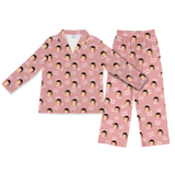 Pink button-up pajamas with child face print, “I LOVE MOM” text, and small heart icons throughout[ILoveMomLongSleevePajamaShirt&PantsSet]