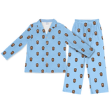 Light blue button-up pajamas with matching pants, featuring a repeating smiling man face print[SkyBlueLongSleevePajamaShirt&PantsSet]