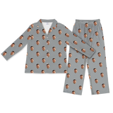 Slate-gray button-up pajamas with matching pants, featuring a repeating smiling man face print[SlateGrayLongSleevePajamaShirt&PantsSet]