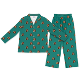Teal green button-up pajamas with matching pants, featuring a repeating smiling woman face print[SolidGreenLongSleevePajamaShirt&PantsSet]