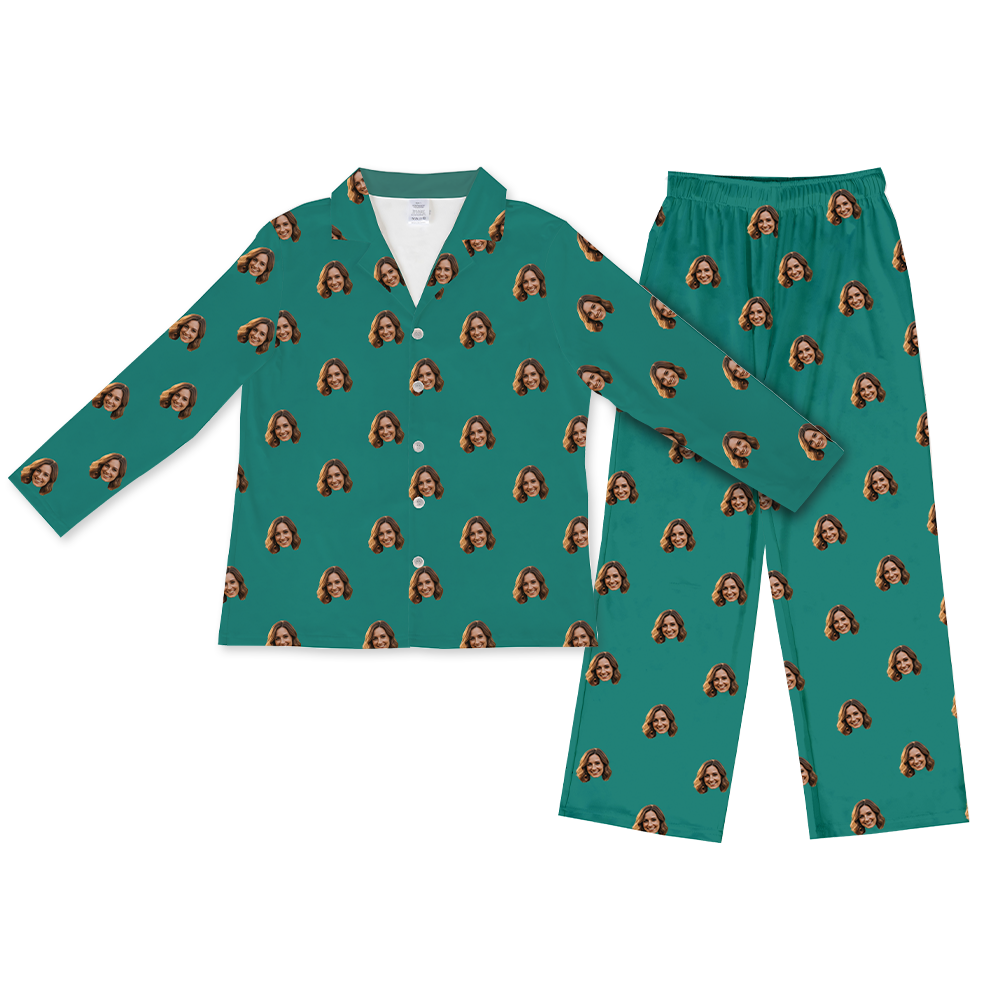 Teal green long-sleeve button-up pajama top with matching pants, featuring a repeating pattern of the same smiling woman’s face across the fabric.