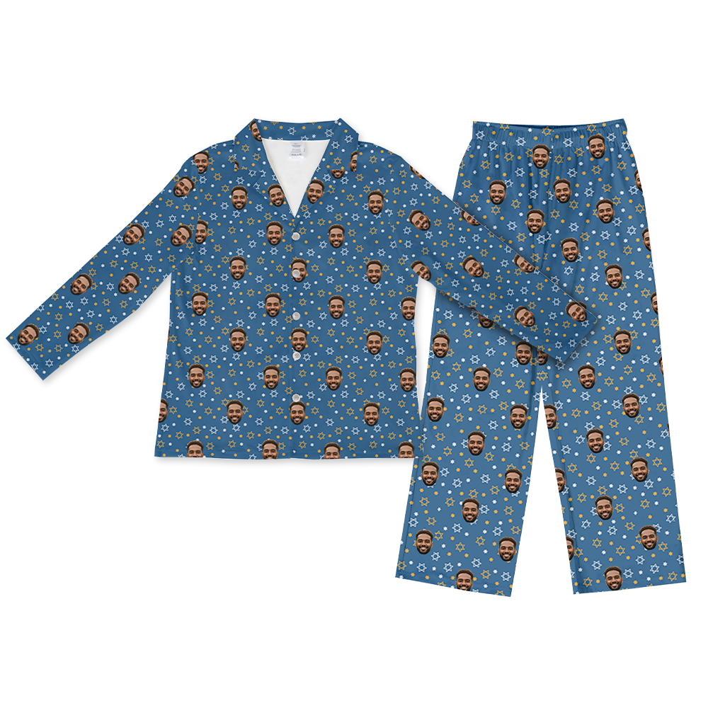 Blue button-up pajamas with matching pants, featuring smiling man face prints and Star of David icons[StarofDavidLongSleevePajamaShirt&PantsSet]