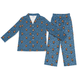 Blue button-up pajamas with matching pants, featuring smiling man face prints and Star of David icons[StarofDavidLongSleevePajamaShirt&PantsSet]