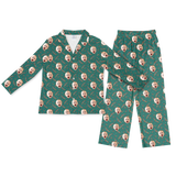 Teal button-up pajamas with matching pants, featuring baby excited face prints and holiday berry sprigs[BerriesLongSleevePajamaShirt&PantsSet]