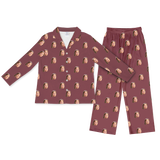 Maroon button-up pajamas with matching pants, featuring a repeating woman face print across fabric[MaroonLongSleevePajamaShirt&PantsSet]