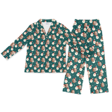 Teal button-up pajamas with matching pants, featuring baby faces, Santa icons, and small snowflakes[SantaLongSleevePajamaShirt&PantsSet]