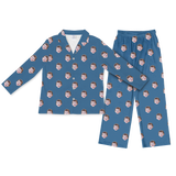 Blue button-up pajamas with matching pants, featuring a repeating smiling child face print across fabric[SolidBlueLongSleevePajamaShirt&PantsSet]vv